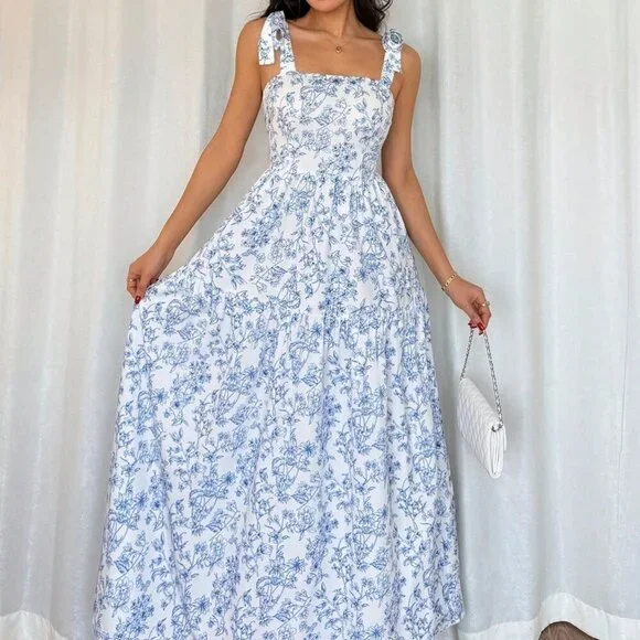 Blue And White Boho Floral Women's Elegant Long Dress - Picture 5 of 6